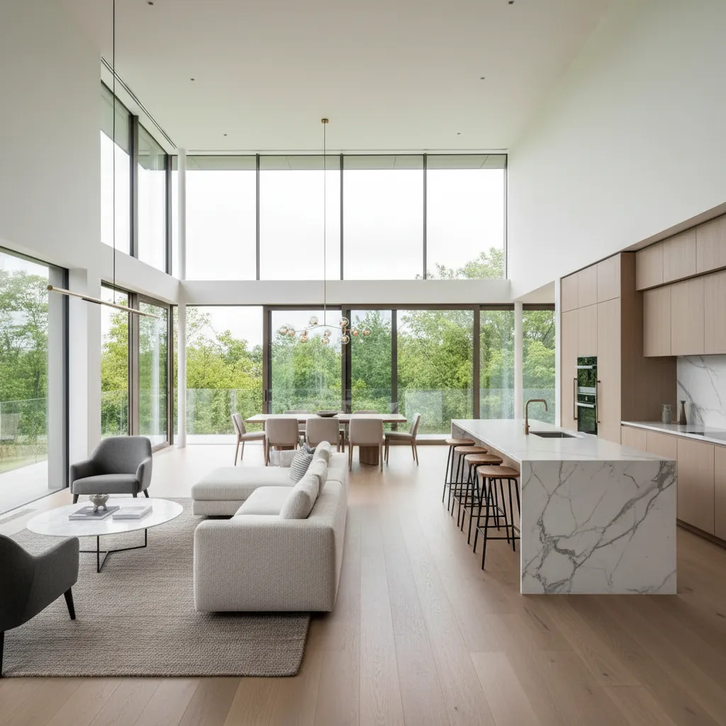 Bright open living space with marble kitchen island white sofa dining table and large windows
