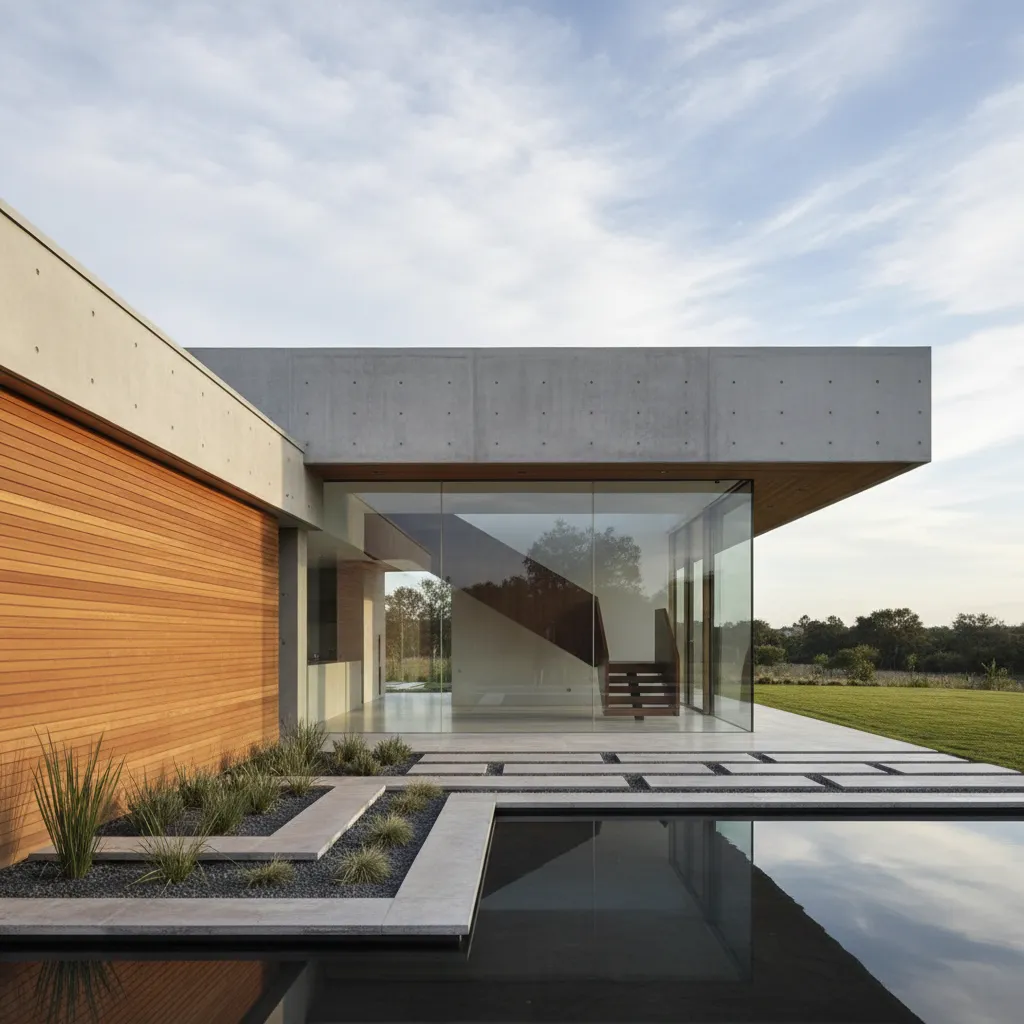 Modern house exterior featuring concrete walls, wood panels, large windows, and a blue water pool