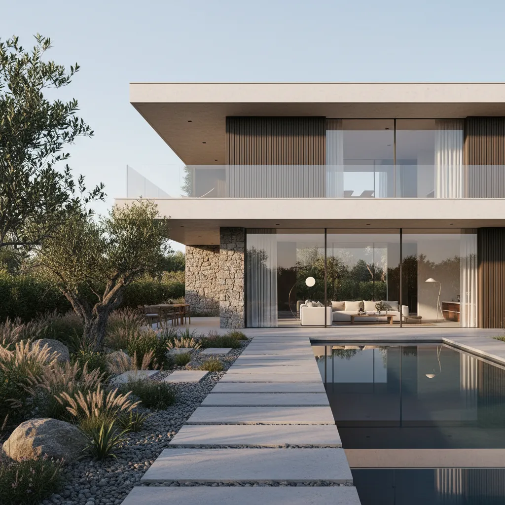 Modern two story house with swimming pool stone walls glass windows and path through green garden