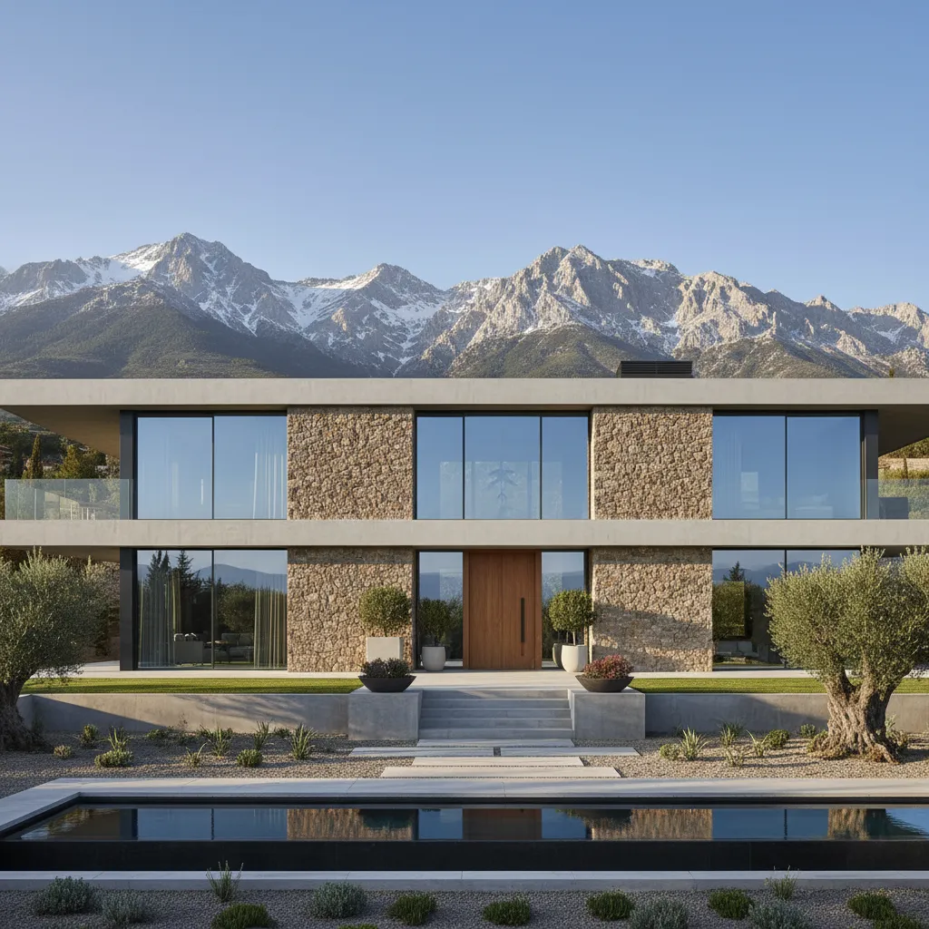 Modern two-story house with stone walls large windows and high snow capped mountains in background