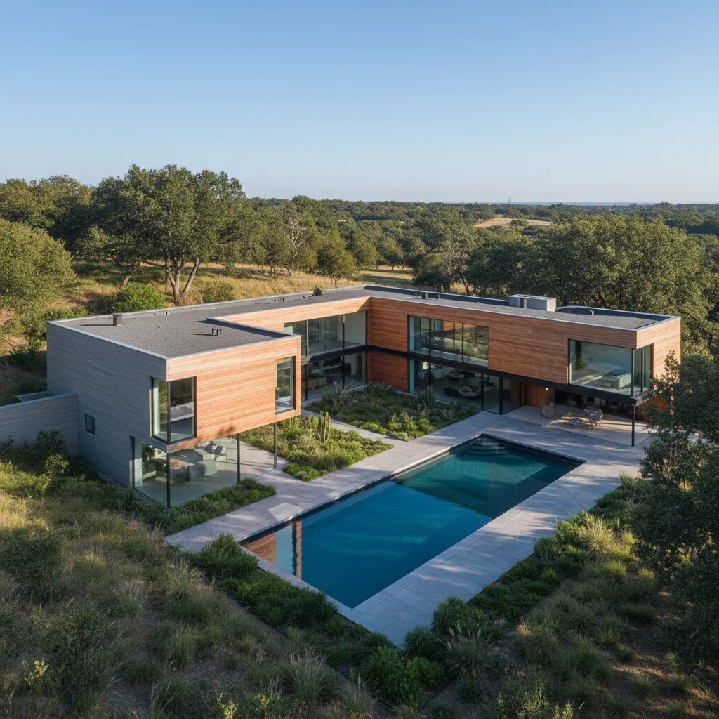 Modern L shaped wooden house with a large swimming pool surrounded by green forest trees