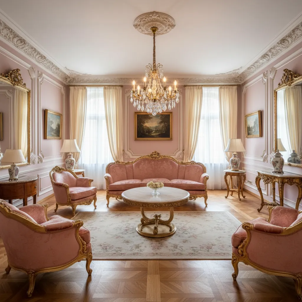 Elegant living room with pink sofas, gold armchairs, crystal ceiling light, wooden floor and panels.