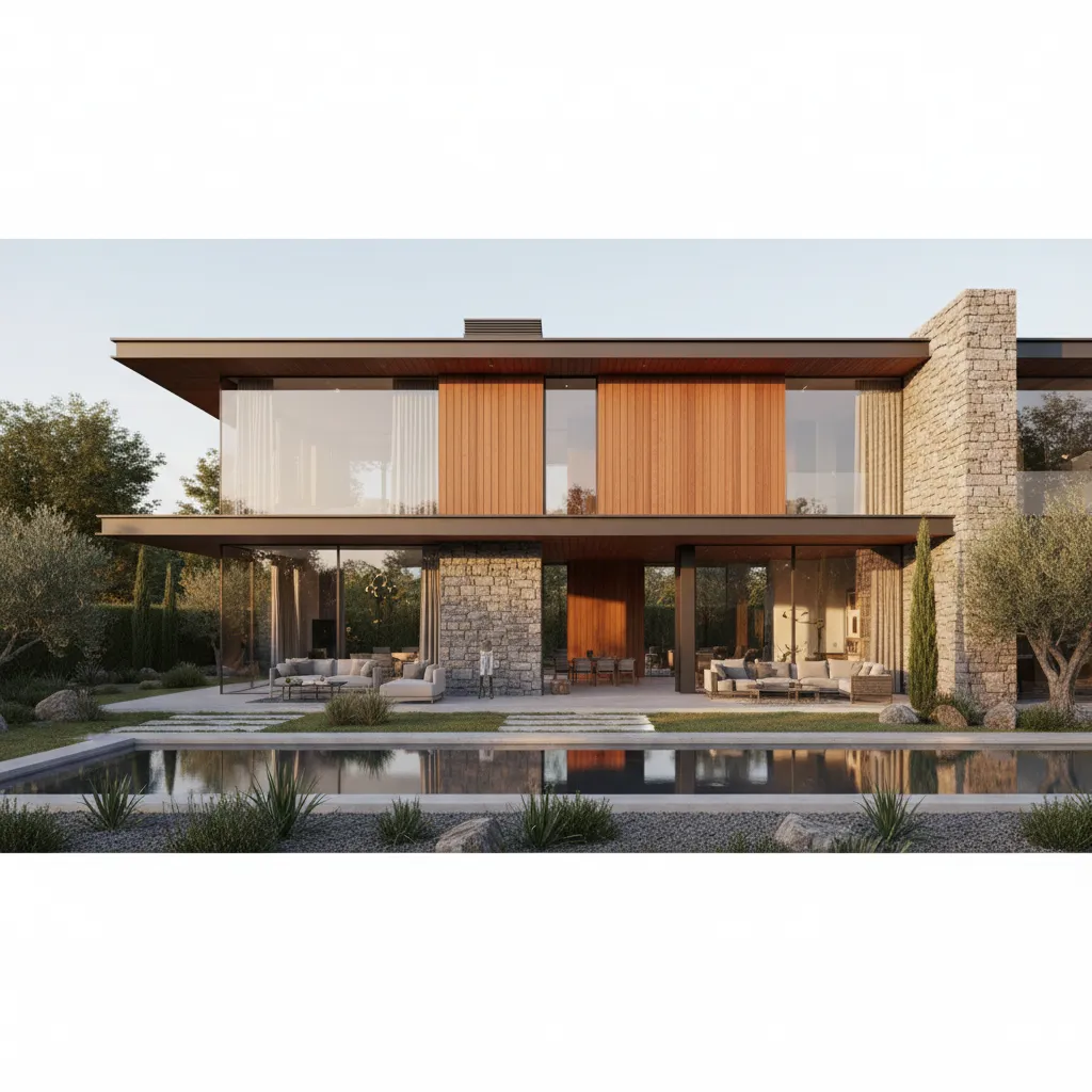 Modern two story house with wood panels stone walls large windows and outdoor swimming pool