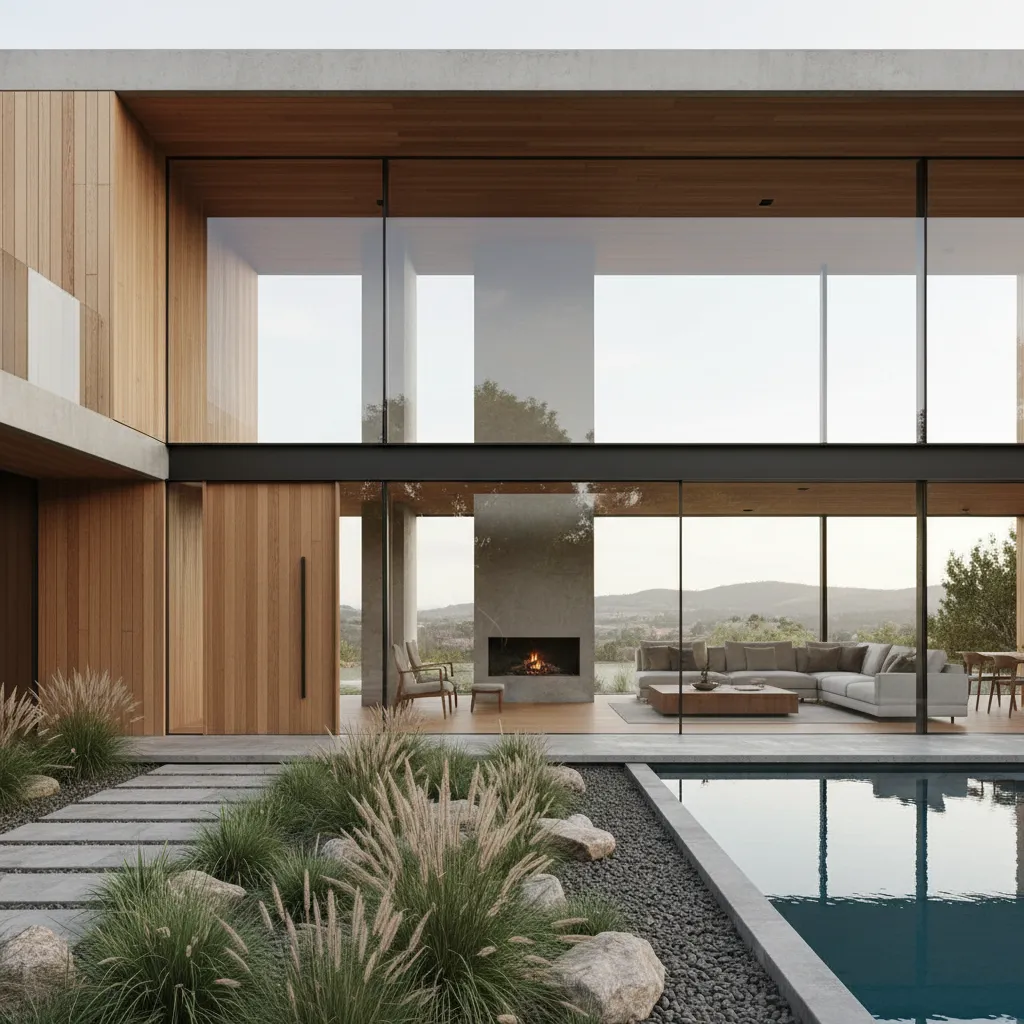 Modern house exterior featuring glass walls swimming pool wooden paneling fireplace and stone garden path