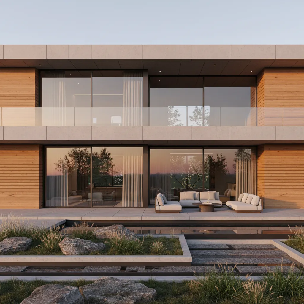 Modern two story house with wooden walls, large glass windows, outdoor patio furniture, and garden