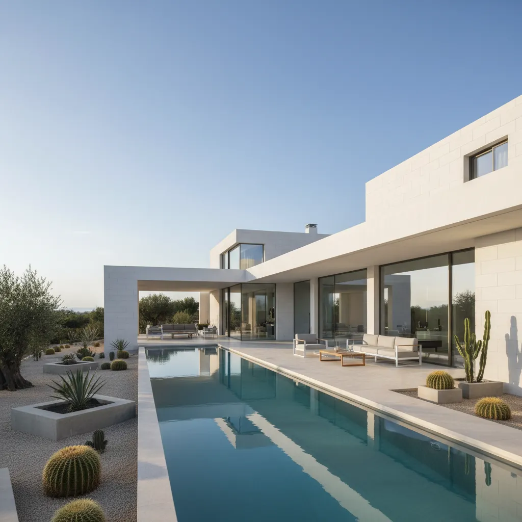 Modern white house featuring long swimming pool outdoor sofa wooden table cactus plants blue sky