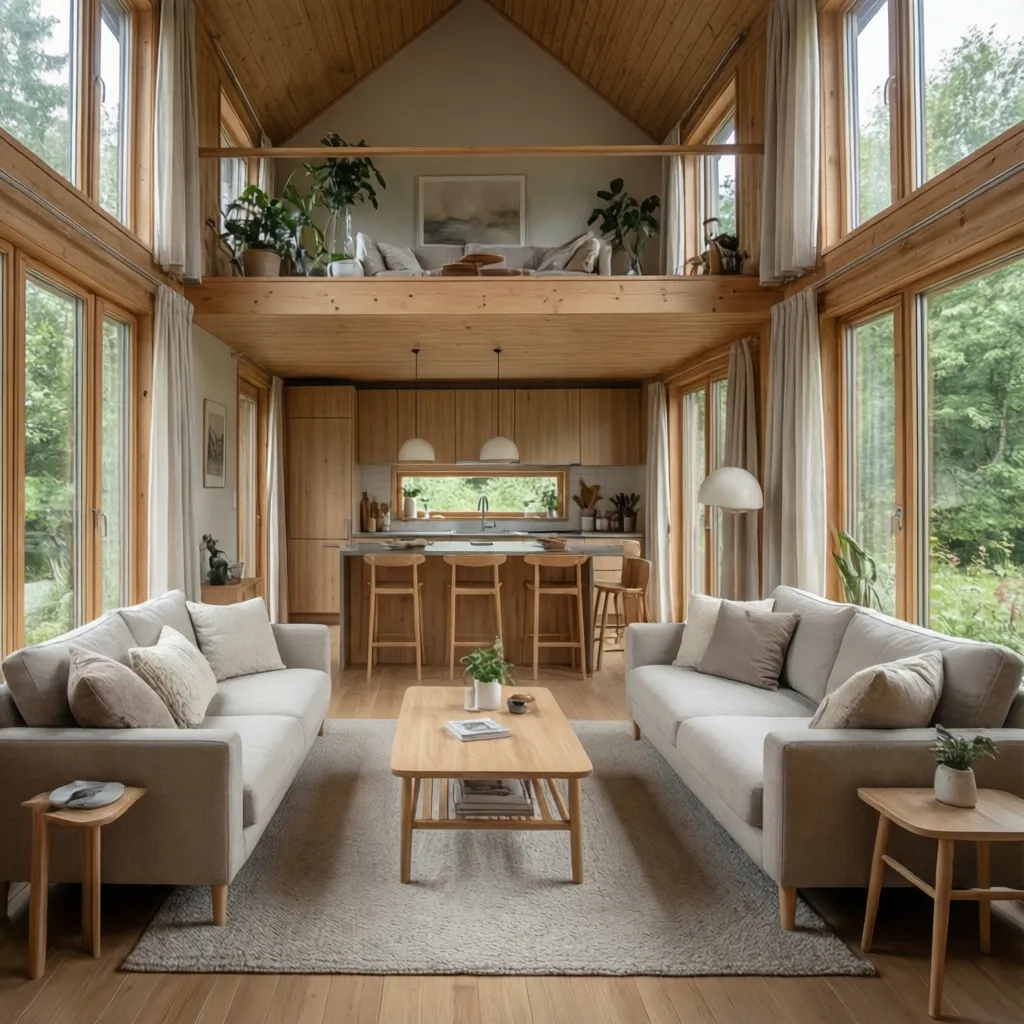 Open plan cabin with wooden walls, two sofas, coffee table, kitchen island, and loft area