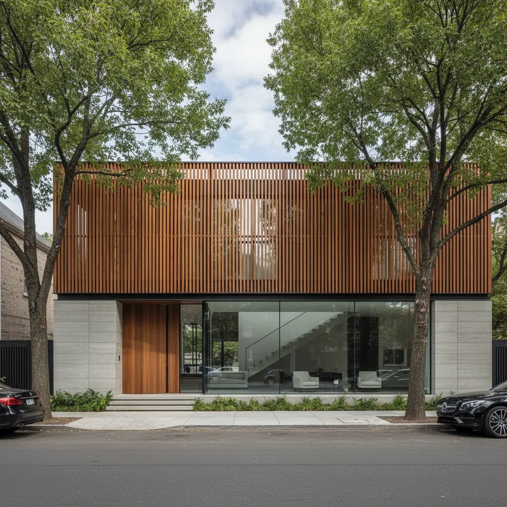Modern house with vertical wooden slats on top floor, glass walls, wooden door, and trees