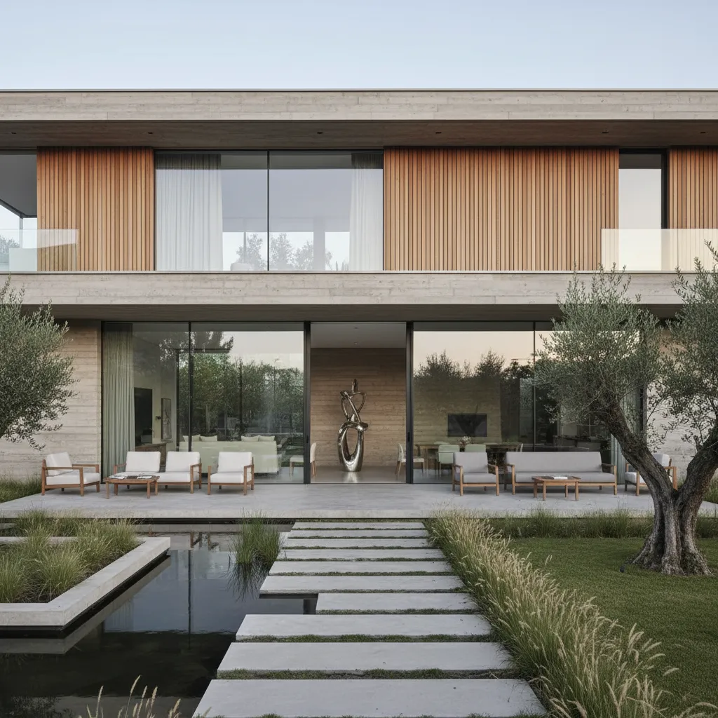 Modern two story house with wood panels large windows outdoor seating area garden and pond