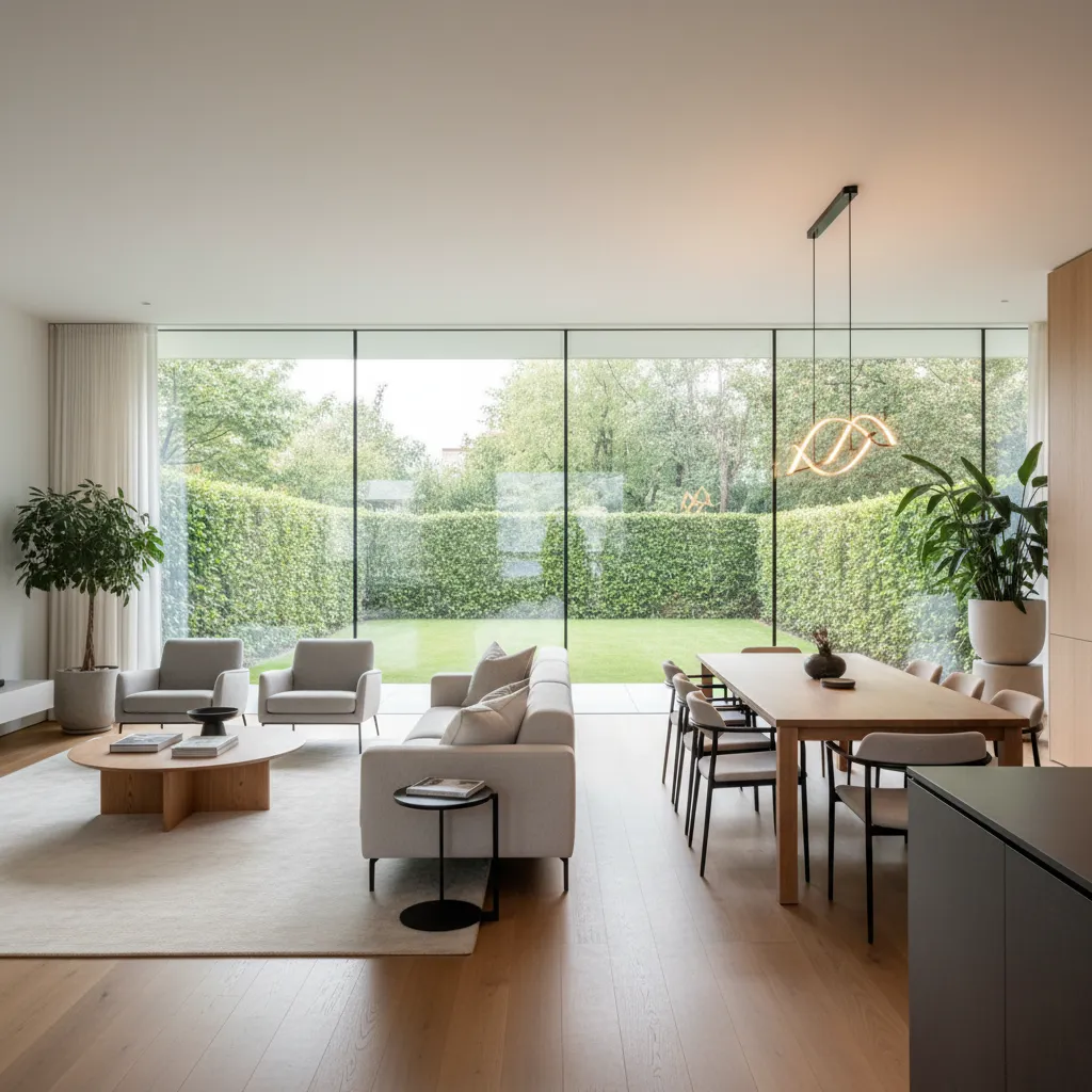 Modern open plan living room with white sofa dining table ceiling light and large windows
