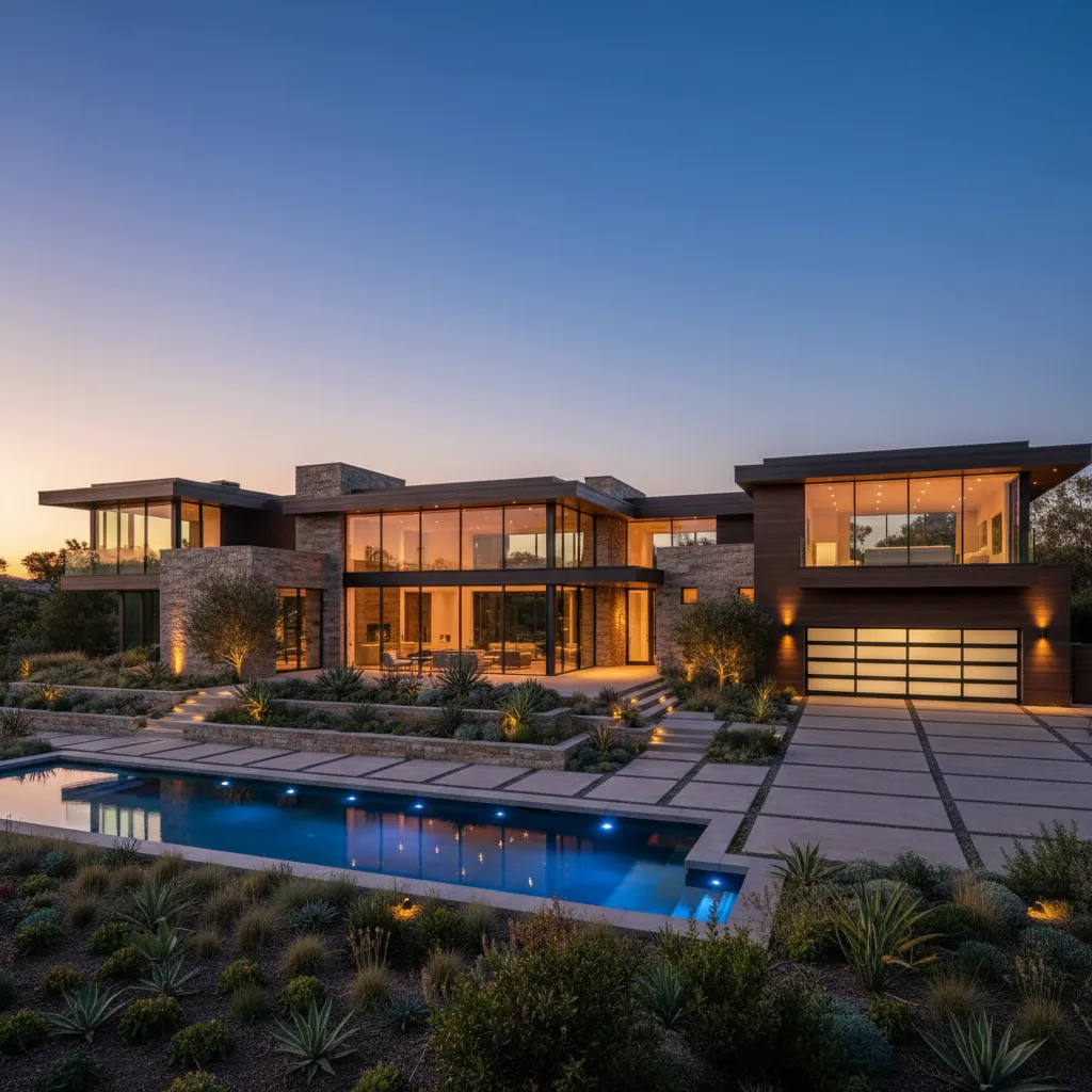 Interior design drawing of luxury house with stone walls large glass windows and swimming pool
