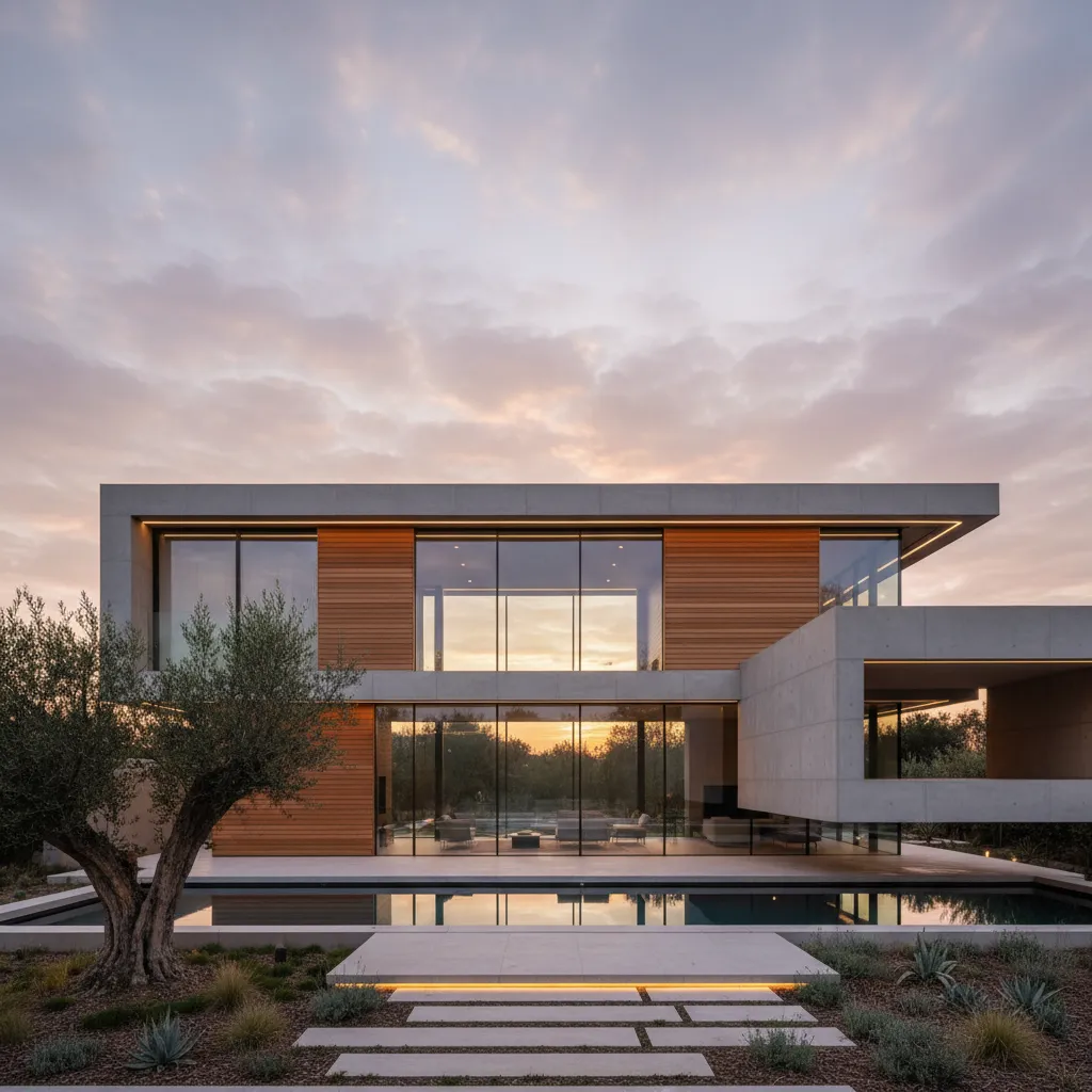 Modern house with wood panels and large windows next to a swimming pool at sunset