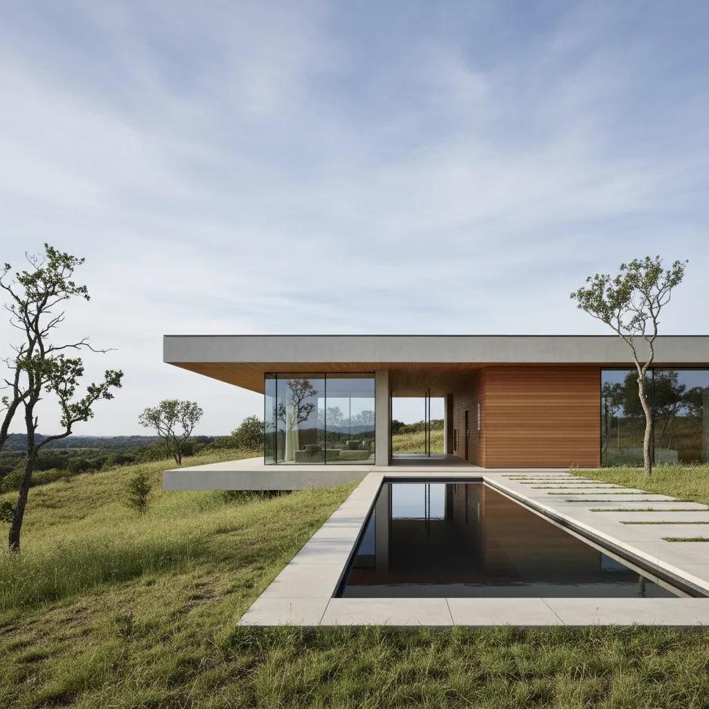 Modern minimalist house with flat roof wooden walls glass windows and a rectangular swimming pool