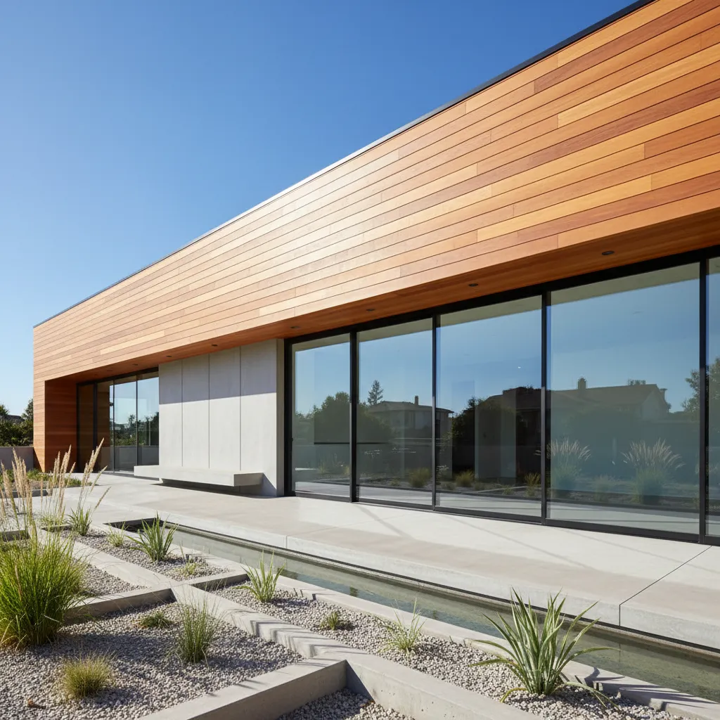 Modern house exterior featuring wood wall panel large glass windows and minimalist garden with plants