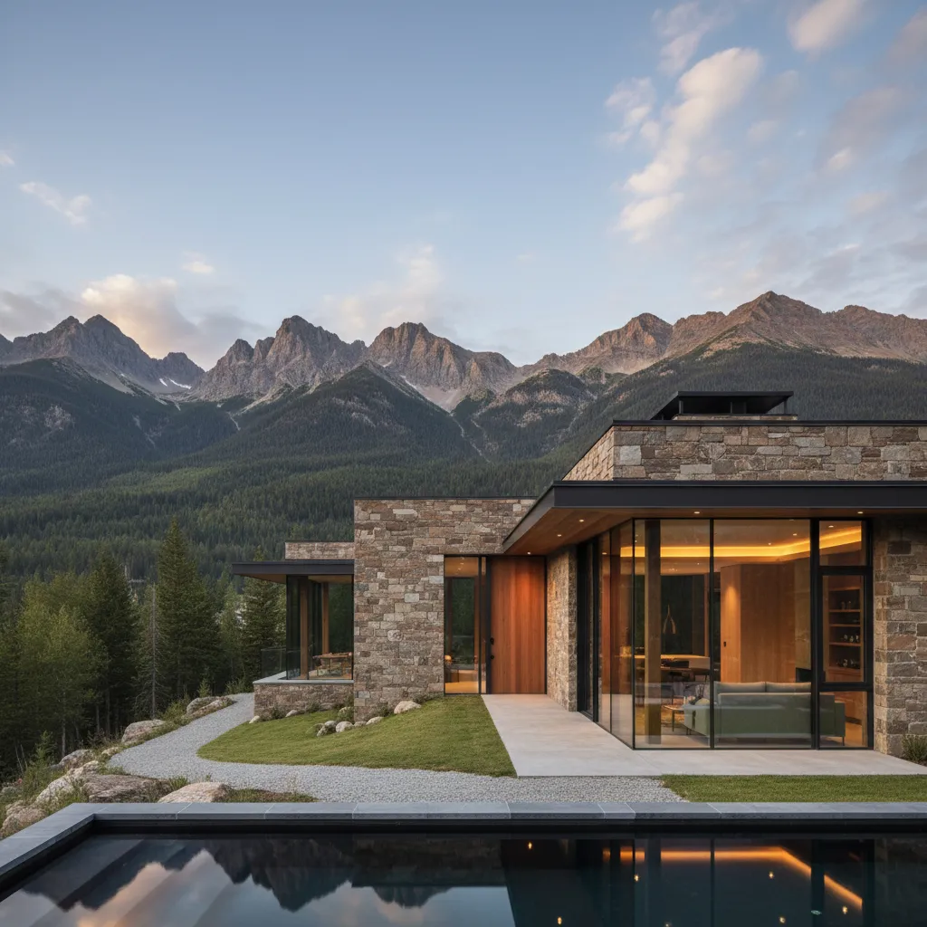Modern stone house with large glass windows swimming pool and beautiful mountain views at dusk