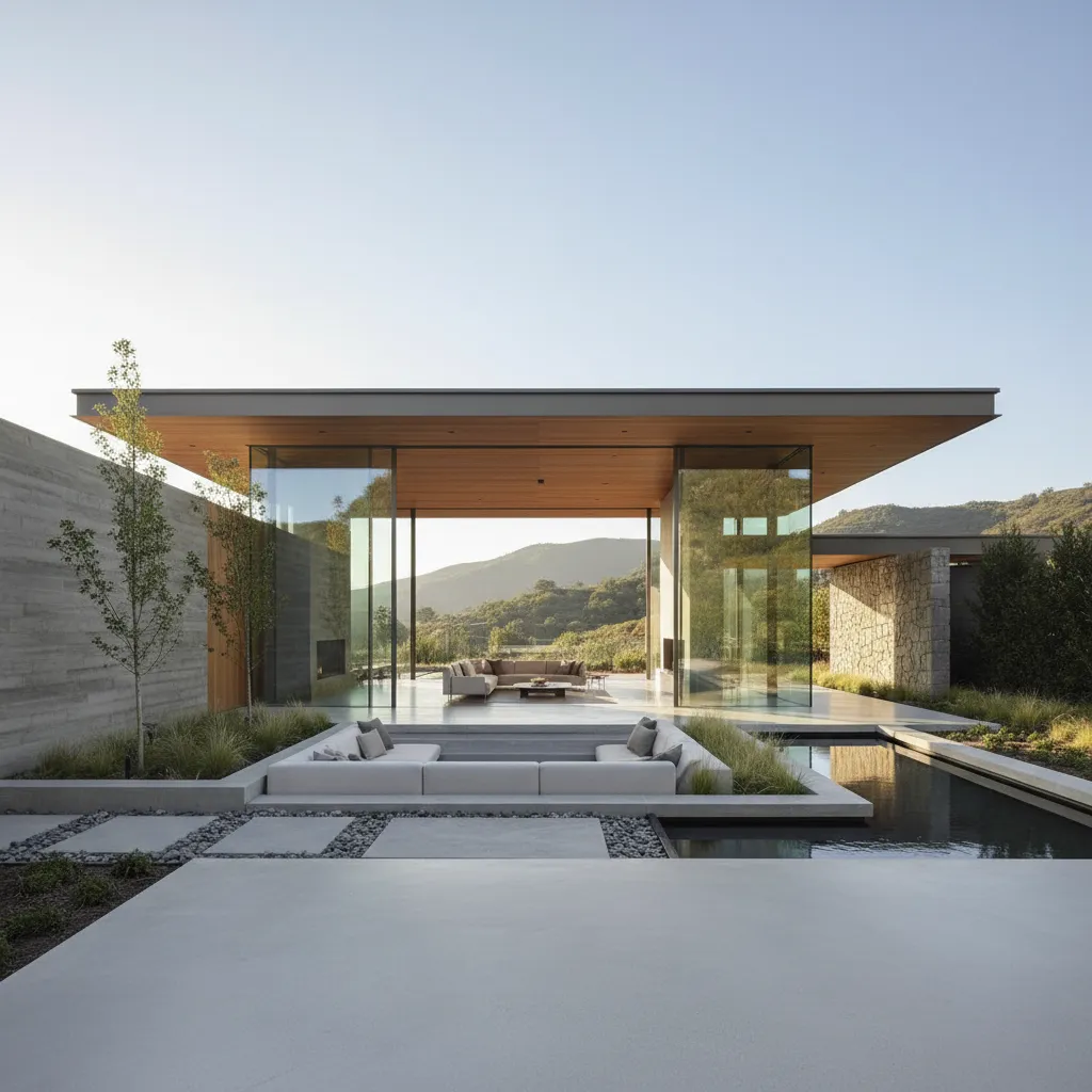 Modern house with large glass windows flat roof outdoor seating area pool and mountain view