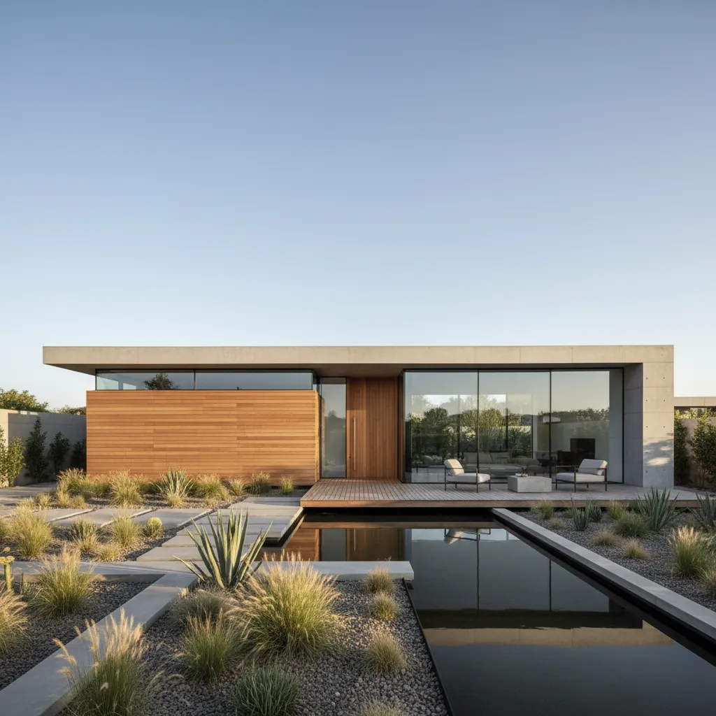 Modern one story house with glass walls wooden panels outdoor seating area and a reflection pool