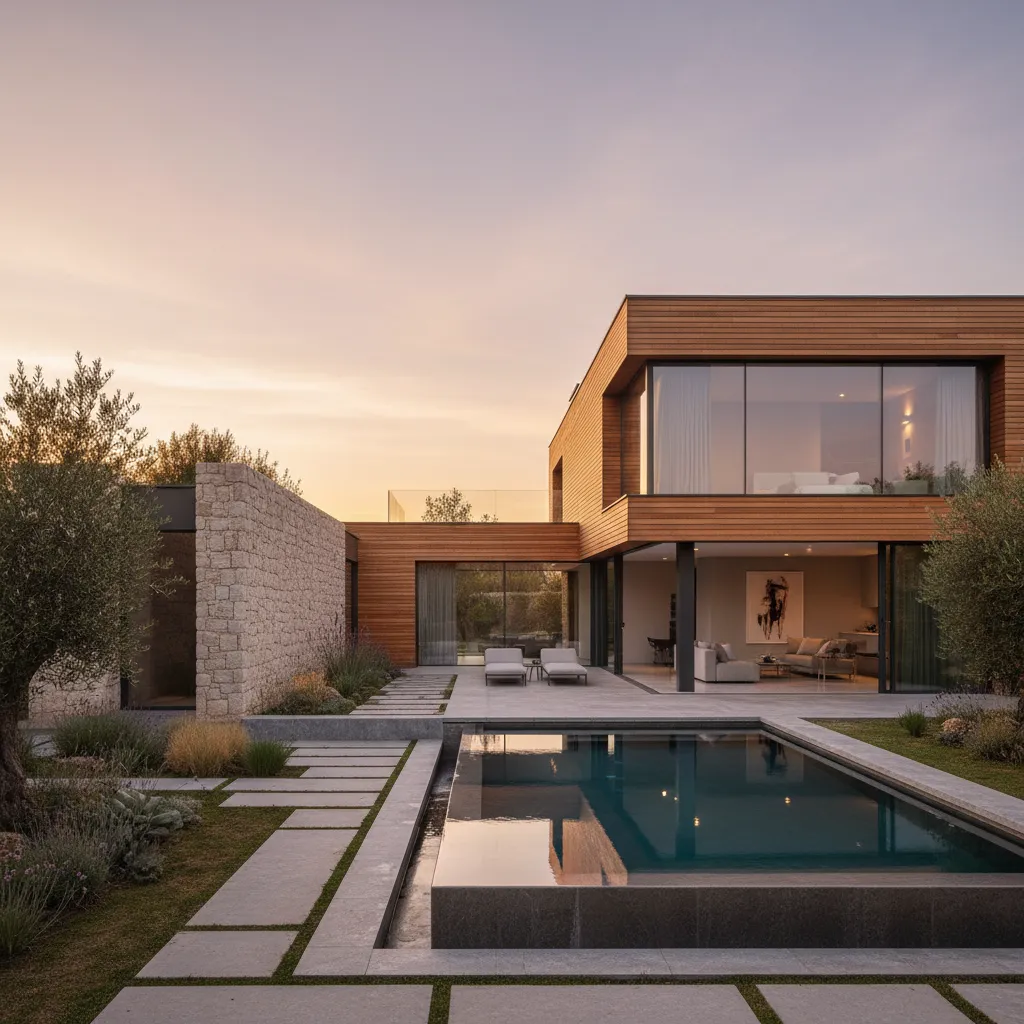 Modern wood and stone house with large glass windows, outdoor swimming pool, and stone path