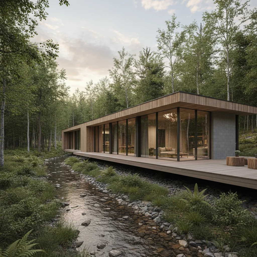 Modern wooden house with large glass windows standing next to a small stream in forest