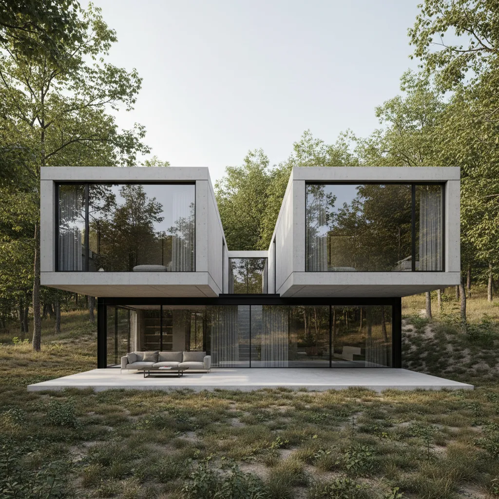 Modern concrete house with two upper rooms and large windows plus sofa on outdoor patio