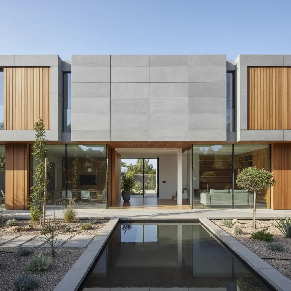 Modern house exterior featuring wood panels and large windows with a small pool in front