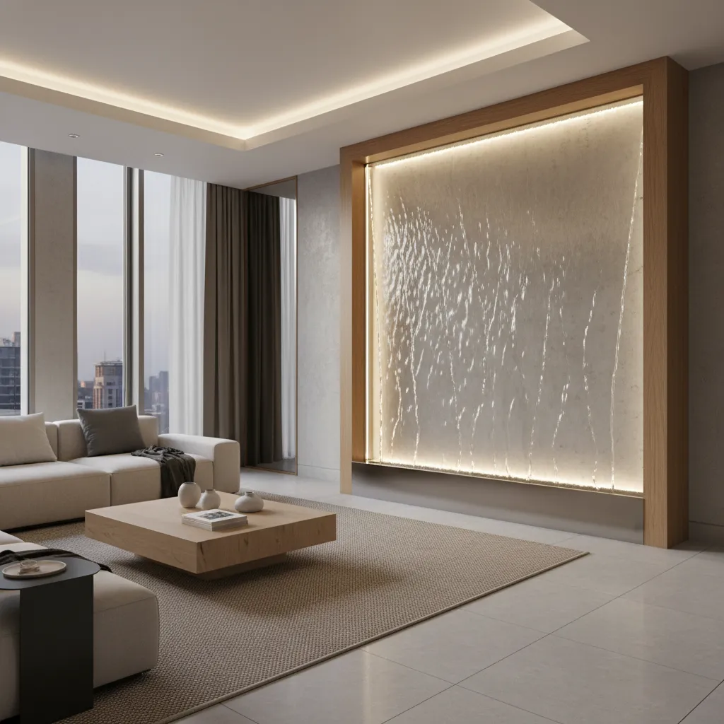 Modern living room featuring wood framed water wall with white sofa and low coffee table