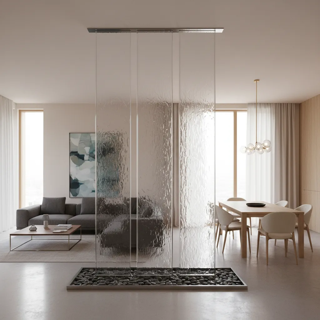 Cascada de agua interior utilizada como separador de espacios