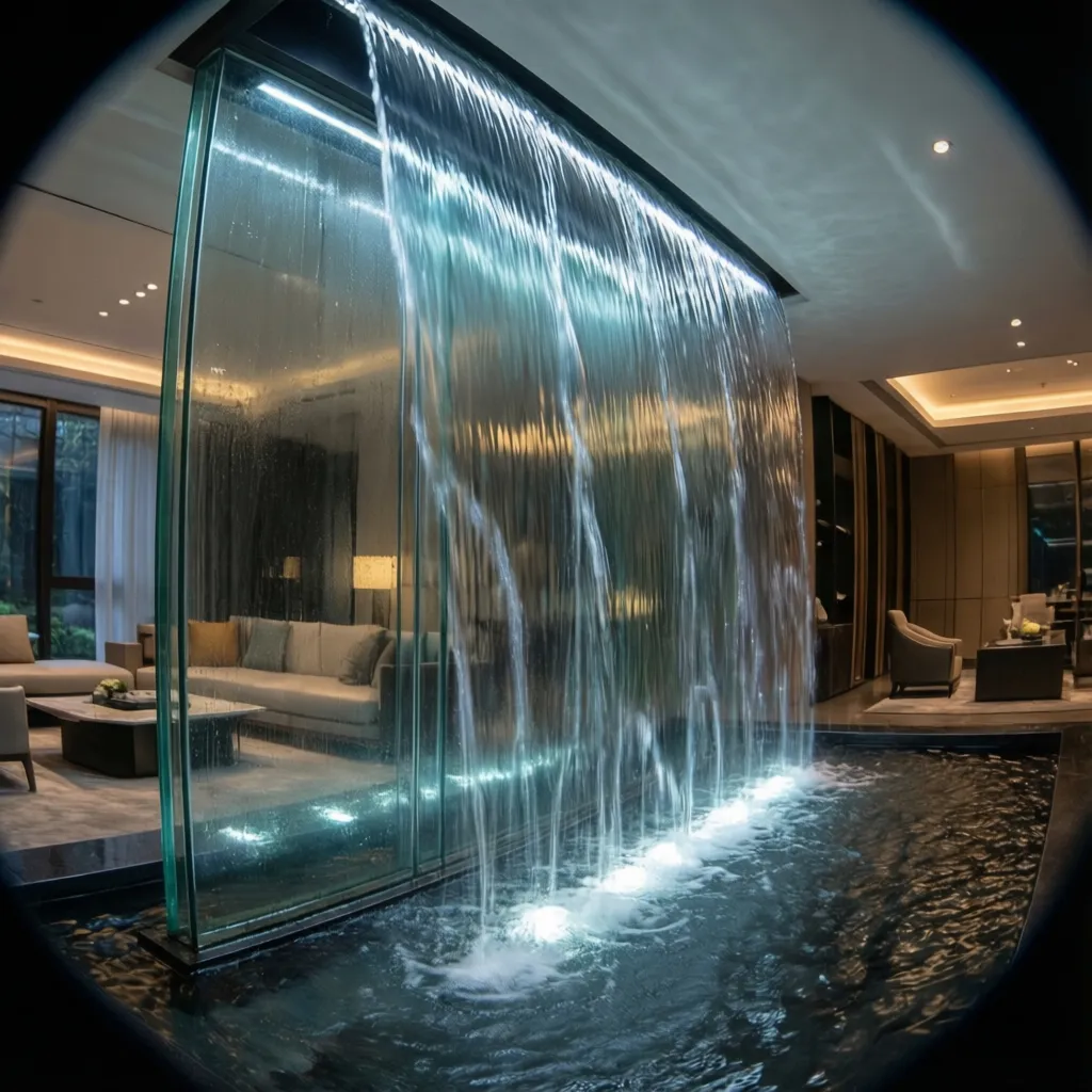 Fuente de cascada interior en panel de vidrio iluminado
