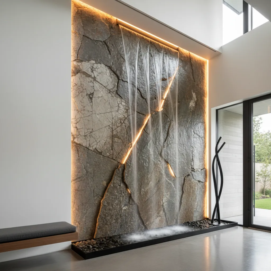 Modern hallway featuring natural stone wall waterfall with warm light a grey bench and door