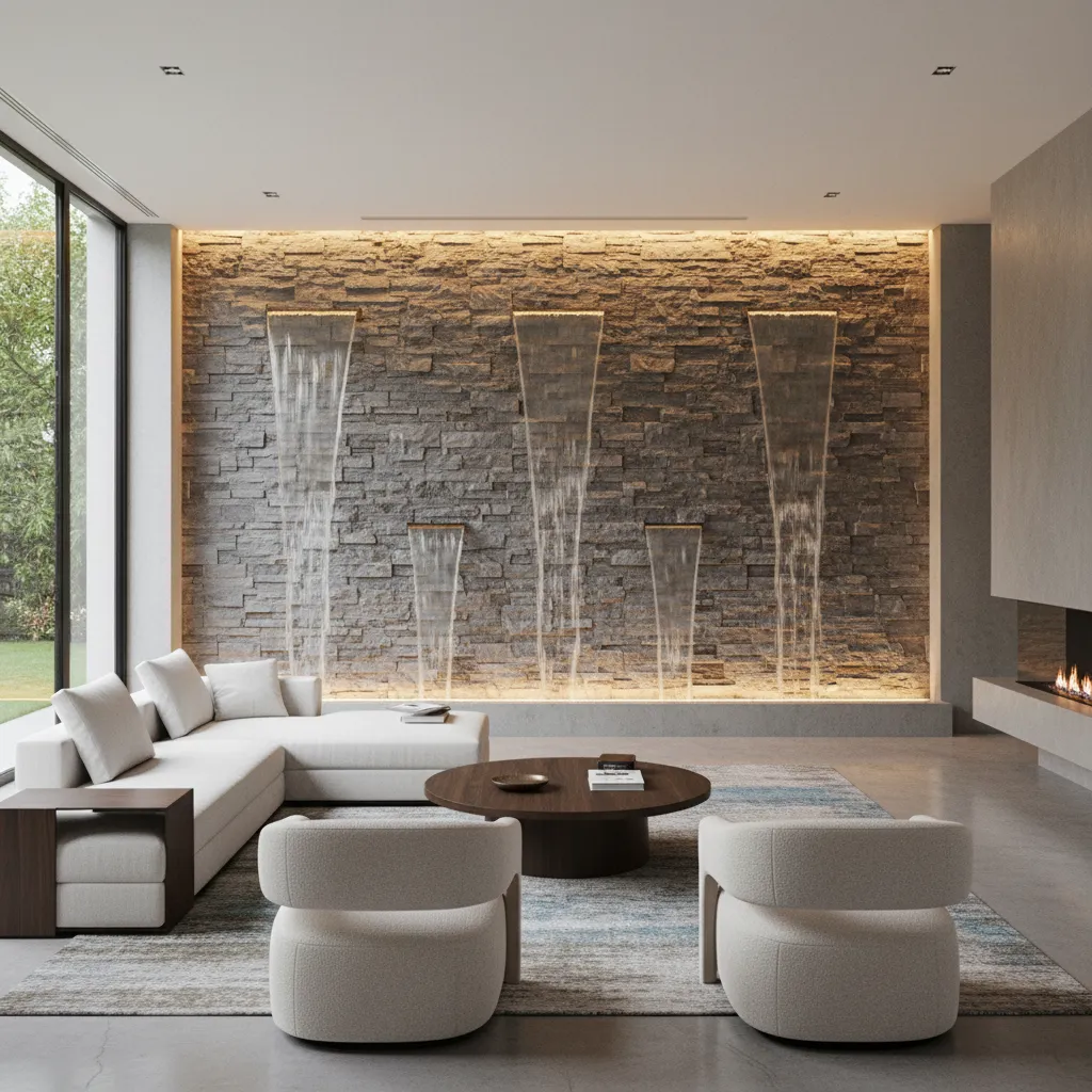 Modern living room with white sofa and waterfalls flowing down a textured stone brick wall