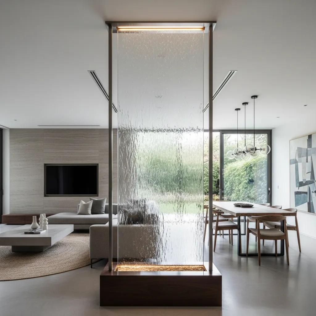 Modern glass water wall room divider between grey sofa living area and wooden dining table