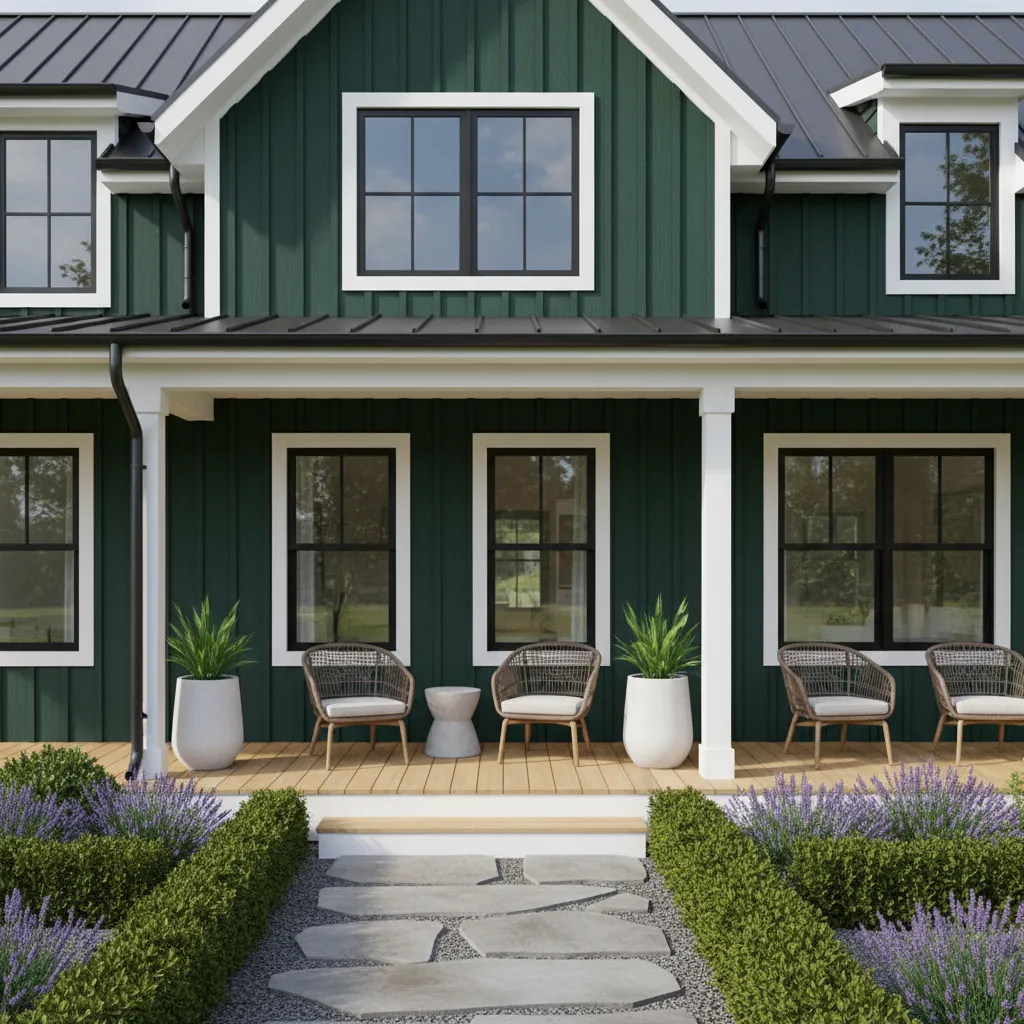 Modern farmhouse exterior painted Sherwin Williams Cascades dark green