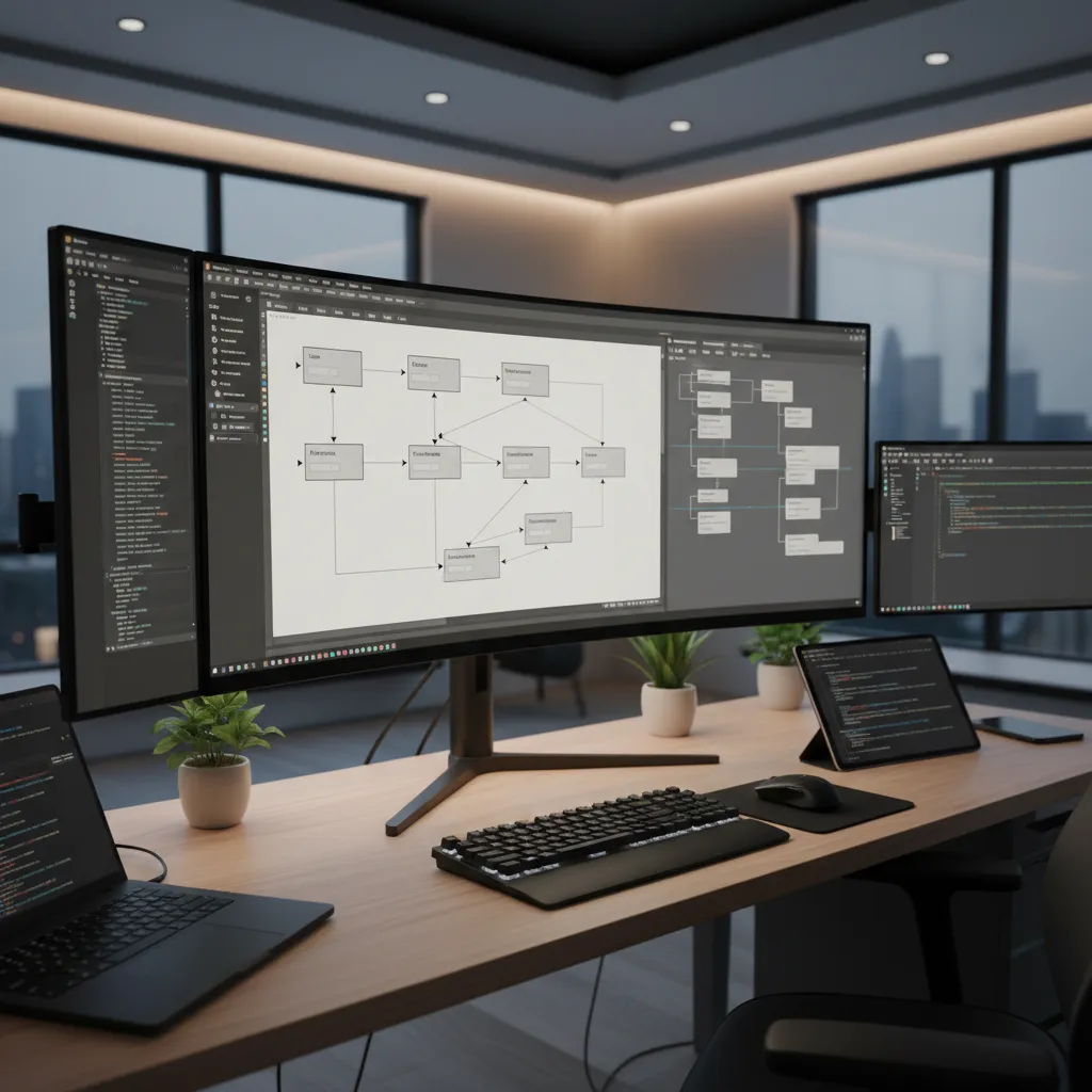 Curved wide computer monitor on wooden desk displaying logic diagram flowchart in clean modern office