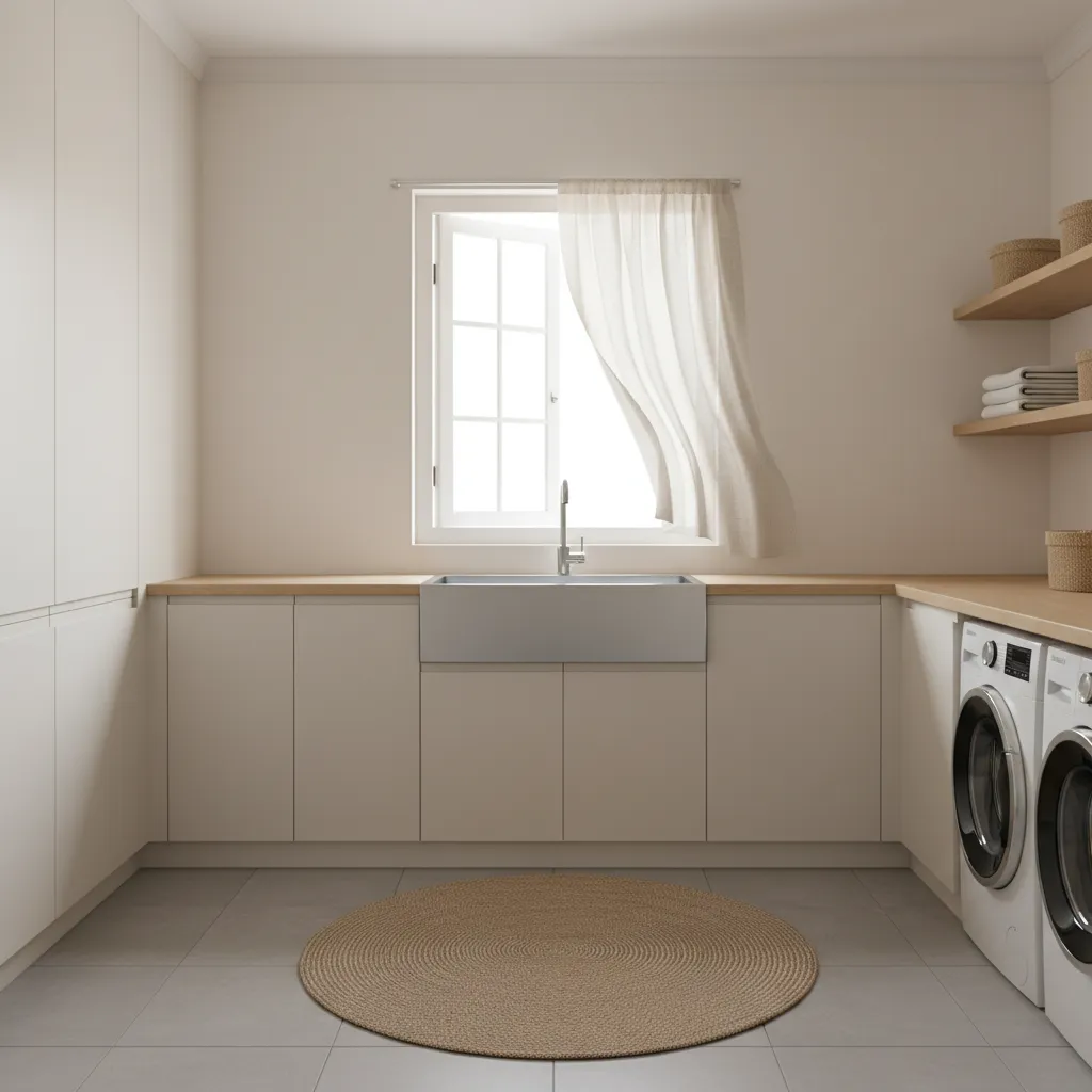 Casement window open above laundry sink showing airflow