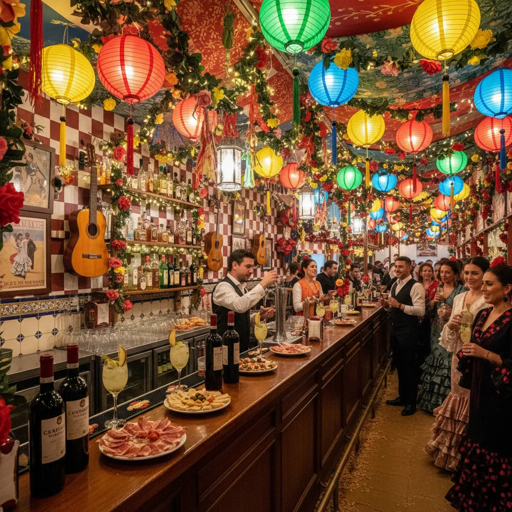 Barra interior de una caseta con decoración de feria