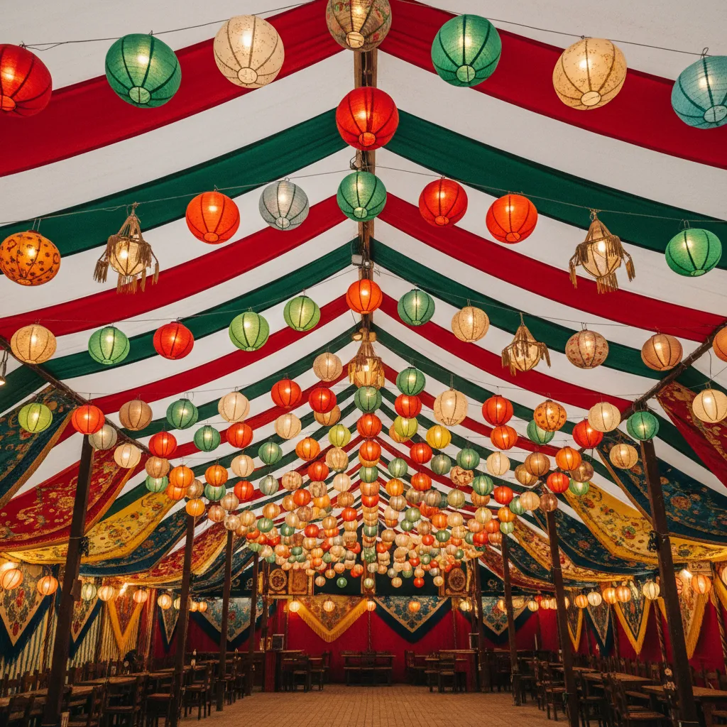 Techo de caseta decorado con farolillos de colores