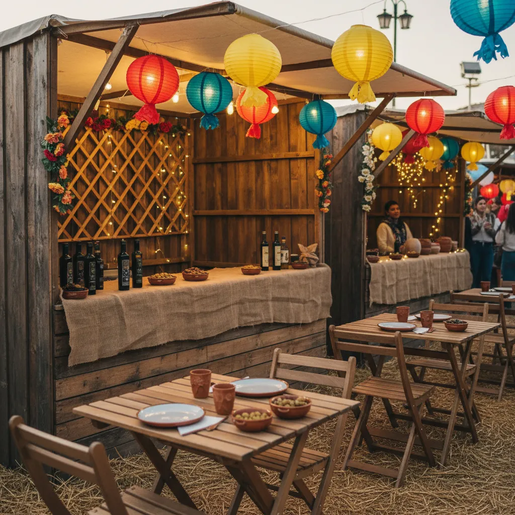 Caseta de feria sencilla decorada con farolillos y mesas de madera
