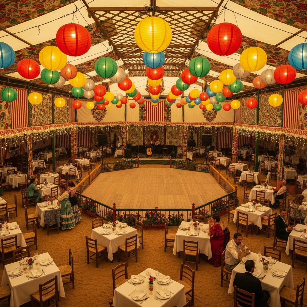 Distribución interior de una caseta con mesas y espacio para bailar