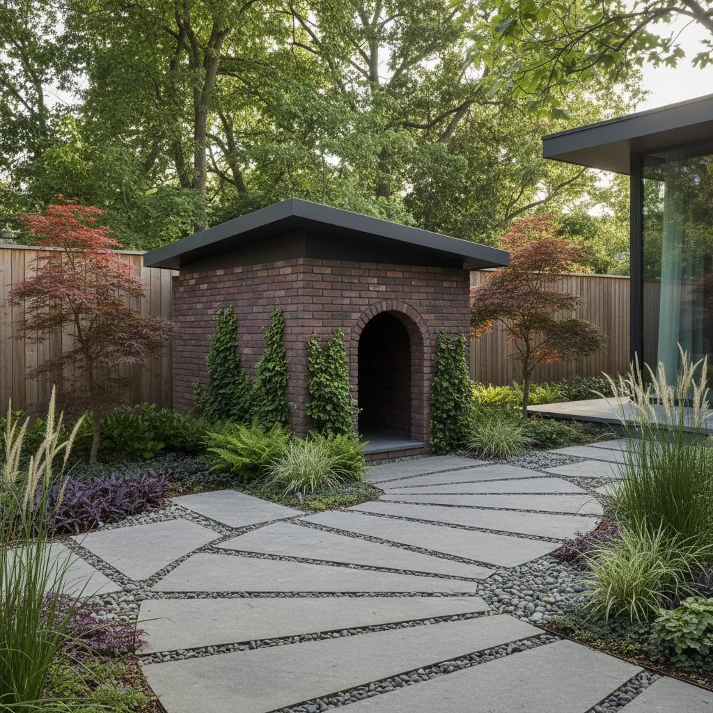 Casa de perro de ladrillos integrada en un jardín moderno