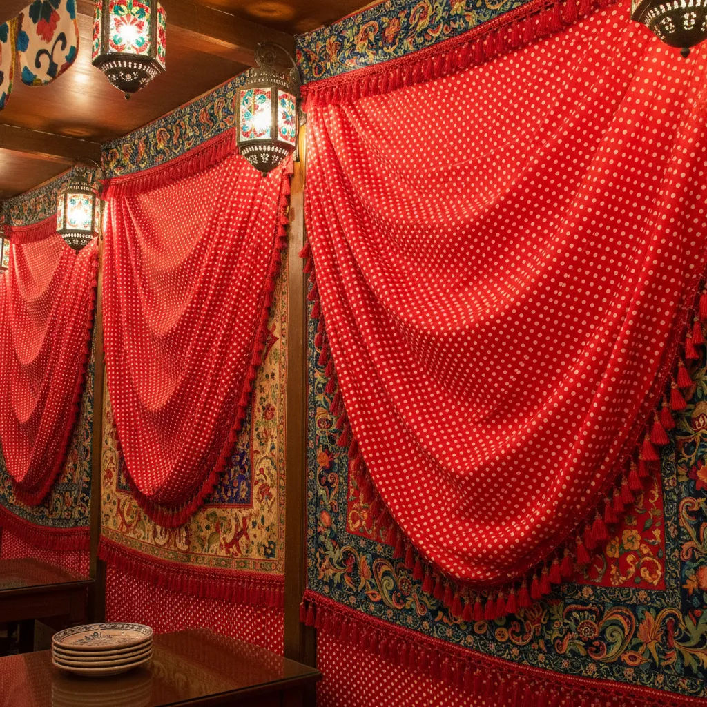 Pared interior de caseta con telas de lunares rojos y blancos