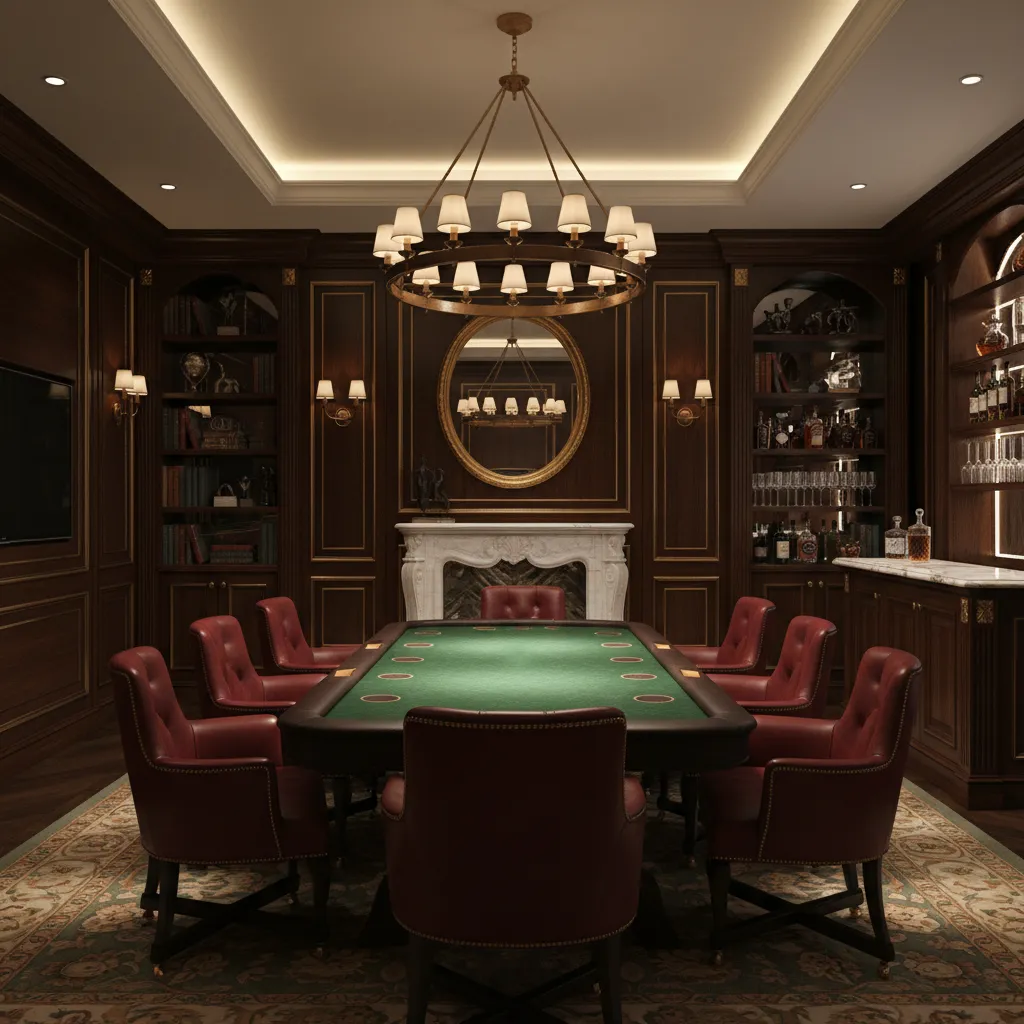 Elegant casino style home game room with poker table and dramatic lighting
