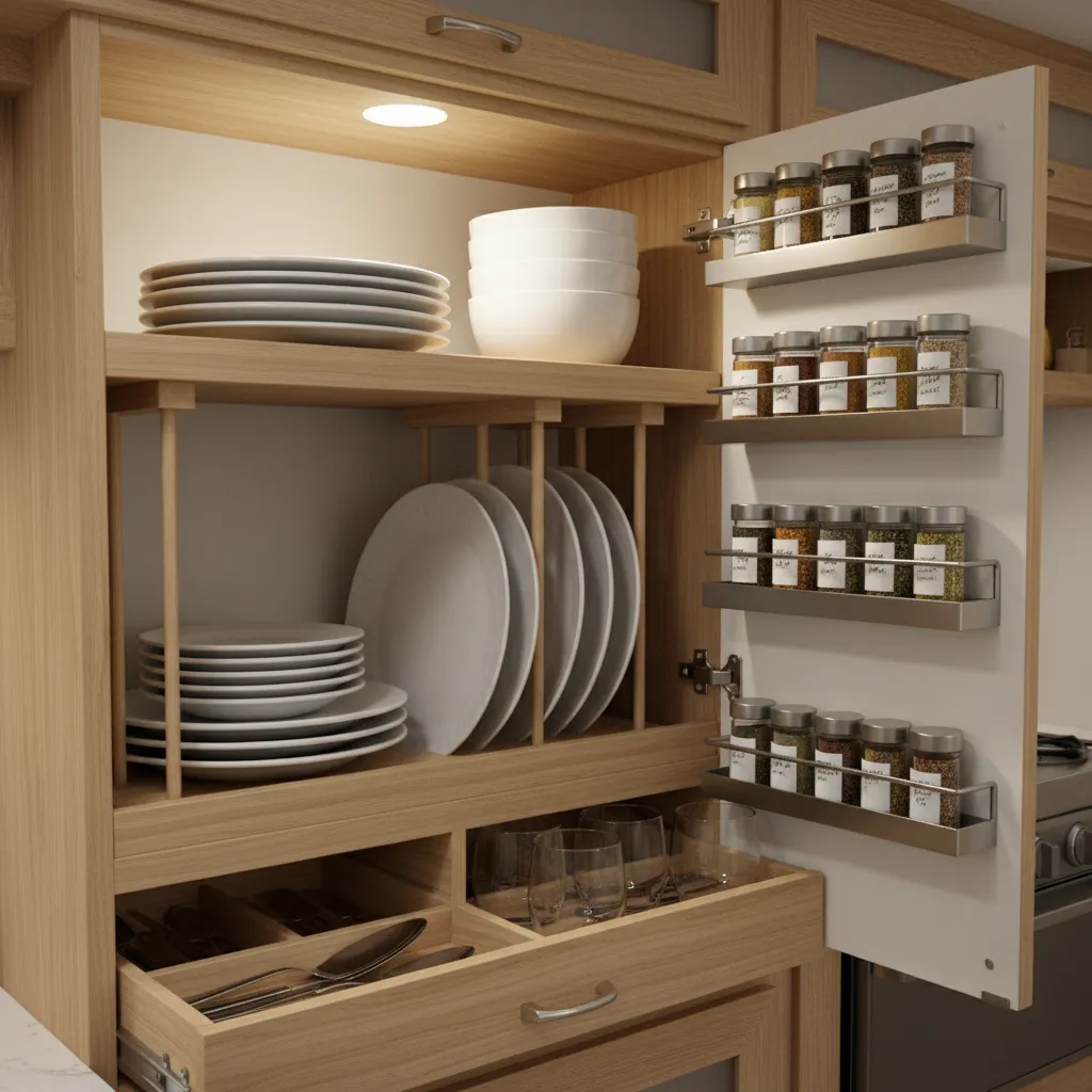 Casita trailer cabinet with vertical storage shelves and organized kitchen items