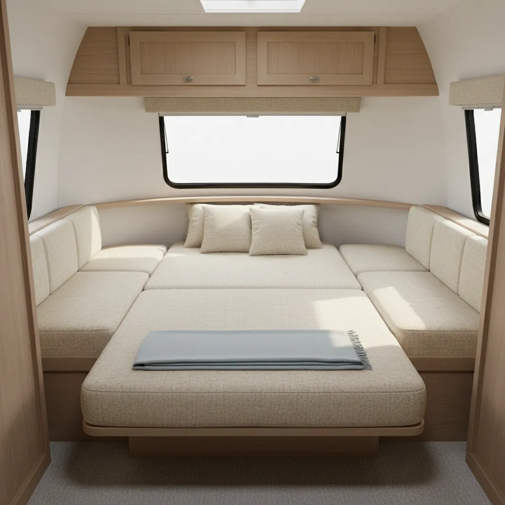 Casita dinette seating area converting into a sleeping bed layout