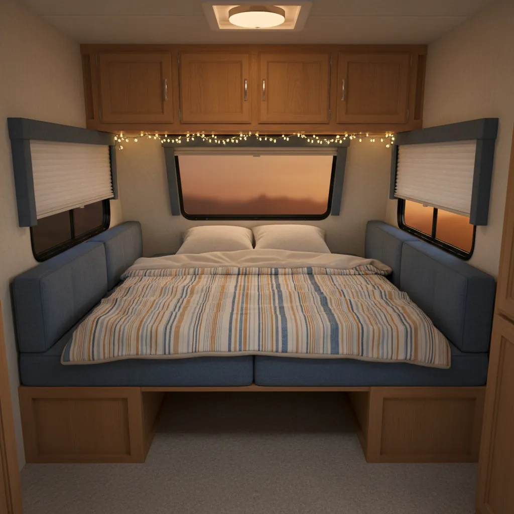 Casita dinette converted into sleeping bed layout
