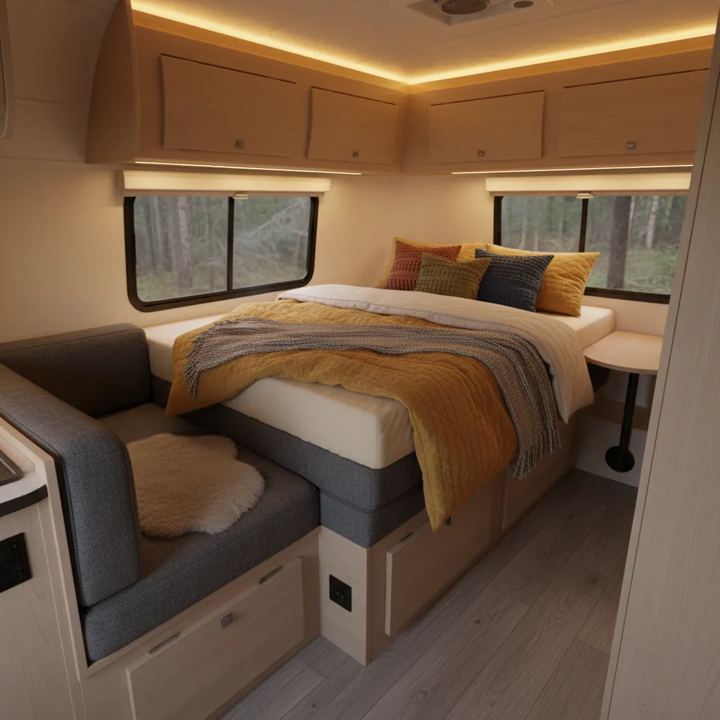 Casita dinette converted into comfortable sleeping area with upgraded cushions