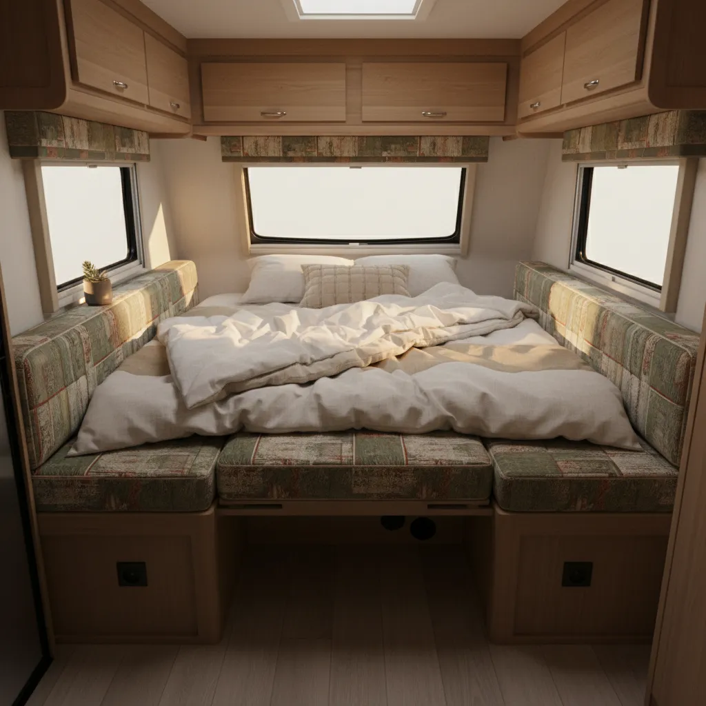 Dinette converted into sleeping bed inside a compact Casita travel trailer