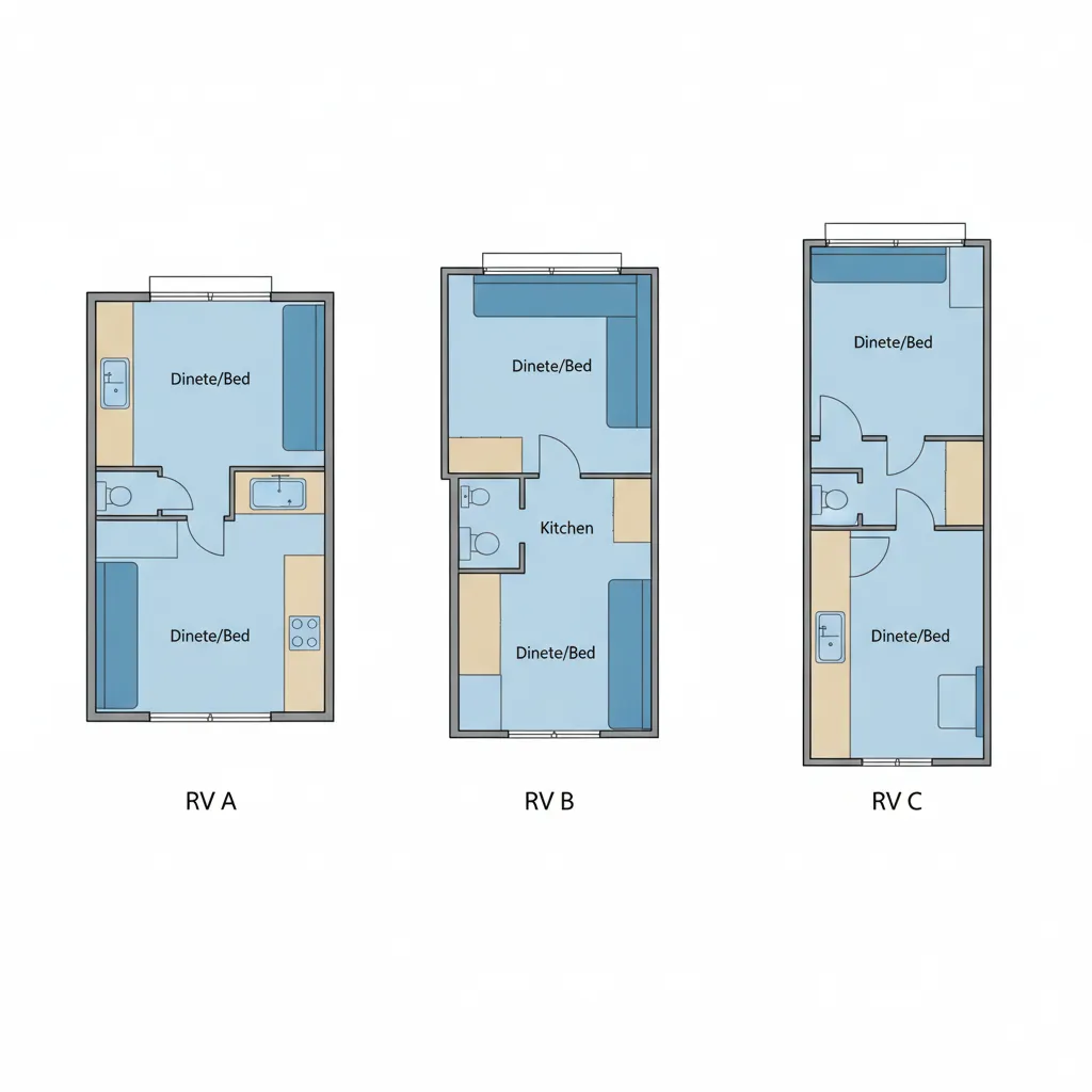 Simple comparison diagram of Casita Spirit Independence and Heritage floor plans