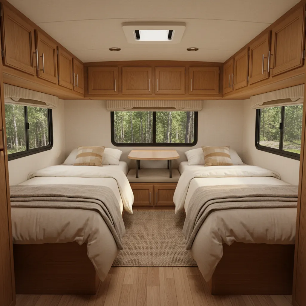 Casita Independence Deluxe interior with twin beds and center table