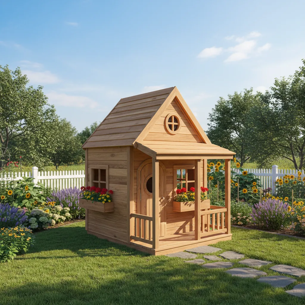 Casita de madera infantil con pequeño porche en el jardín