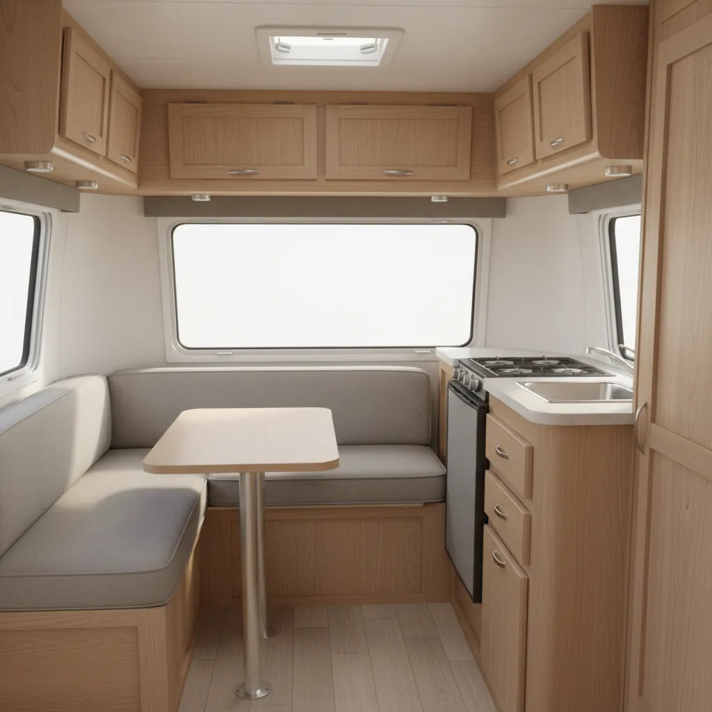 Interior overview of a Casita travel trailer showing seating and bed layout